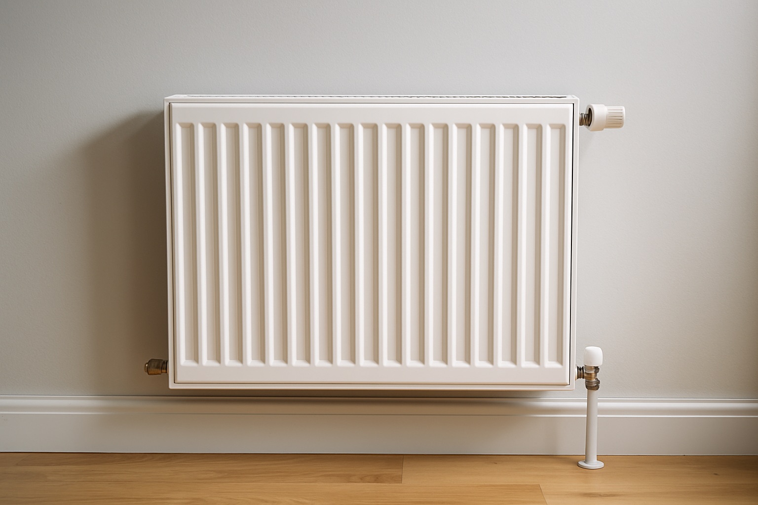 Modern white radiator mounted on wall in bright home interior