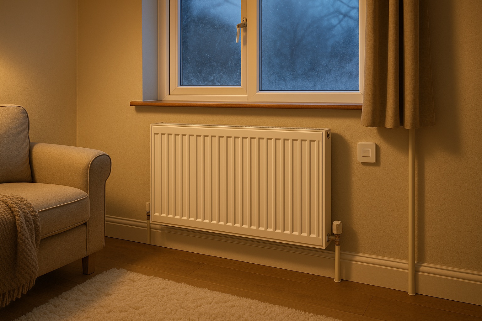 Warm living room interior with radiator heating by window during winter